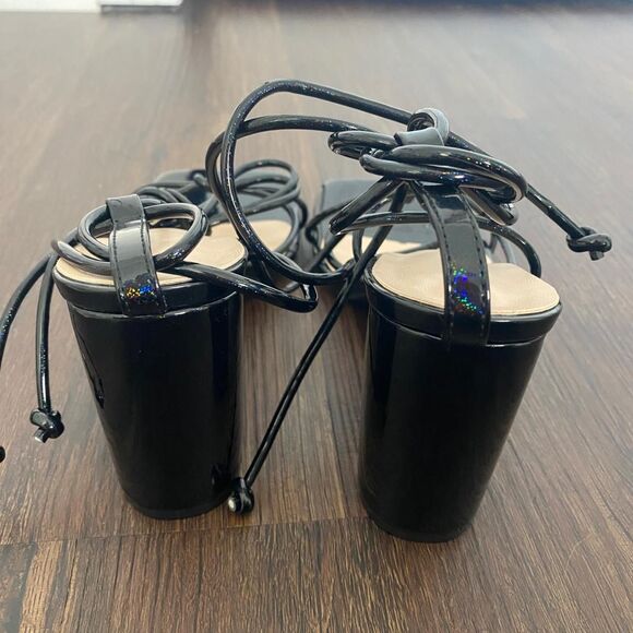 Black Glitter Iridescent Glam Square Open Toe Block Heel Lace Up Sandals US 9.5 - Picture 5 of 8